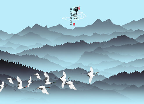 淡雅山巒仙鶴中式風(fēng)