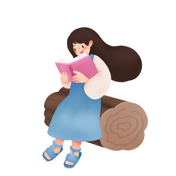 坐木頭看書女孩
