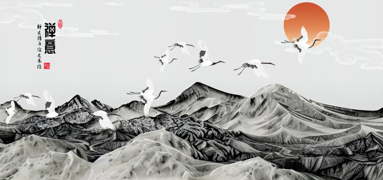 古代祥云背景墻禪意山