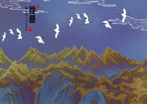 玉雕山仙鶴背景墻祥云