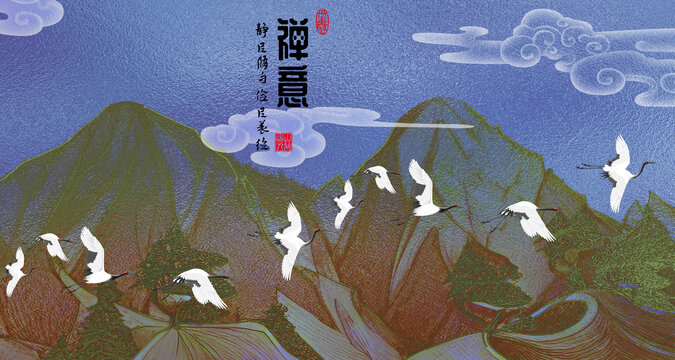 禪意山祥云仙鶴背景墻