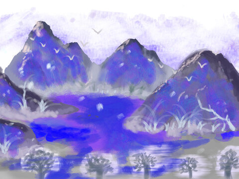 紫色霜降水墨風(fēng)景
