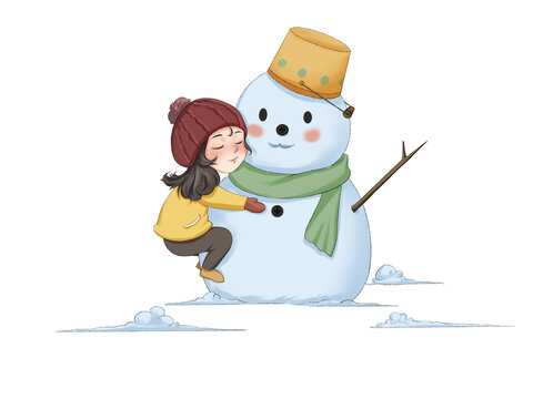 黃色冬天紅帽子女孩堆雪人