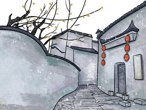 灰色霜降水墨南方徽派古鎮(zhèn)小巷