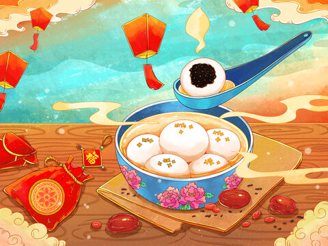 水彩傳統美食湯圓插畫