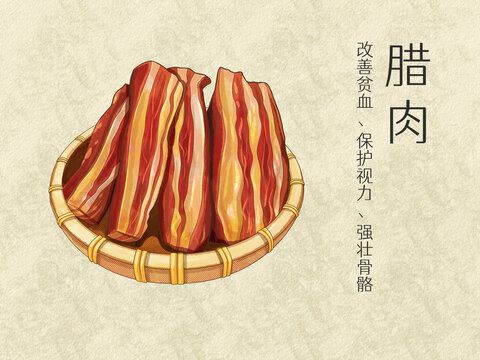 手绘水彩传统美食腊肉插画