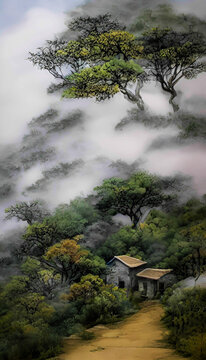 云霧中的村莊裝飾畫(huà)