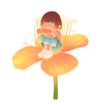 花朵上的蜷縮女孩