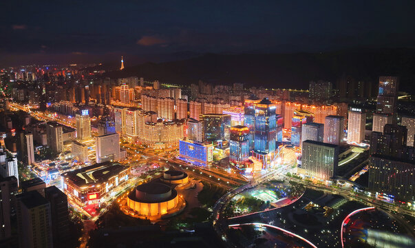 航拍青海西宁海湖新区夜景