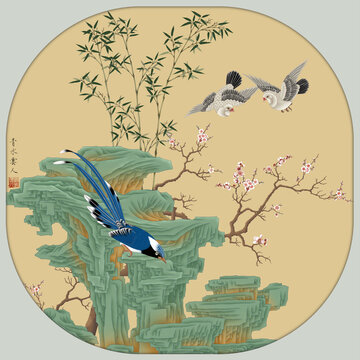 工筆花鳥假山鏡心