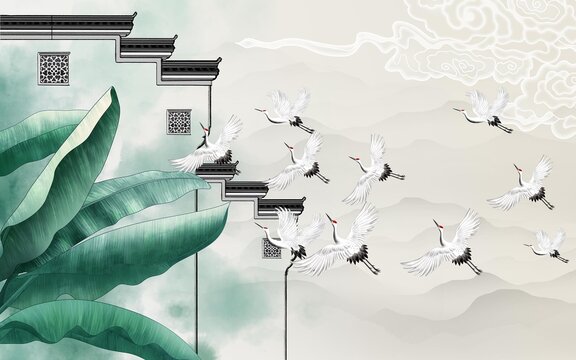 馬頭墻仙鶴祥云背景