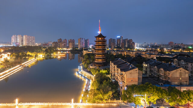 航拍江苏泰州凤城河城市夜景