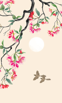 海棠花水彩畫