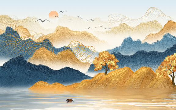 金色油畫山水