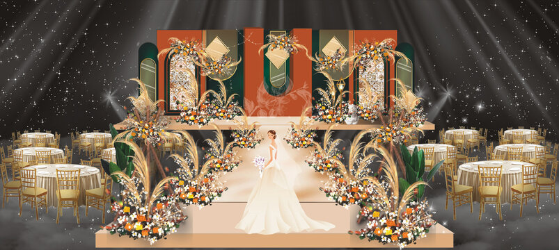 绿橙复古婚礼舞台效果图