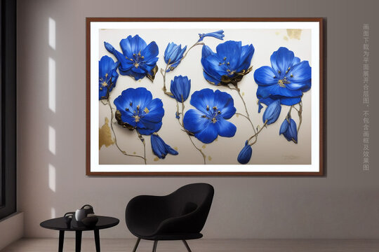 蓝色凌乱花朵装饰挂画