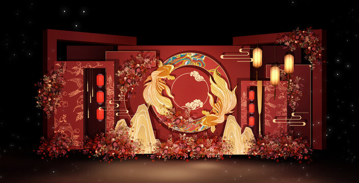 紅金撞色中式婚禮迎賓區(qū)