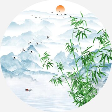 竹子祥云山水畫