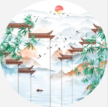水墨竹子江南山水畫