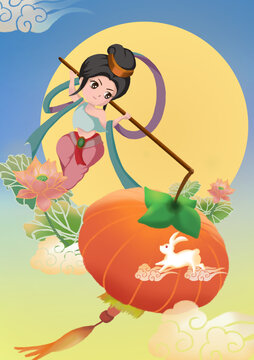 嫦娥飛天古風(fēng)女生燈籠柿子玉兔