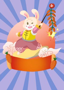兔年鞭炮滑板燈籠春節(jié)年畫(huà)