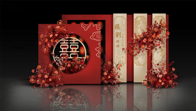 香檳紅色中式婚禮設(shè)計(jì)合影區(qū)
