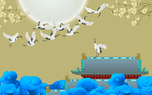 瑞鶴圖仙鶴祥云背景墻
