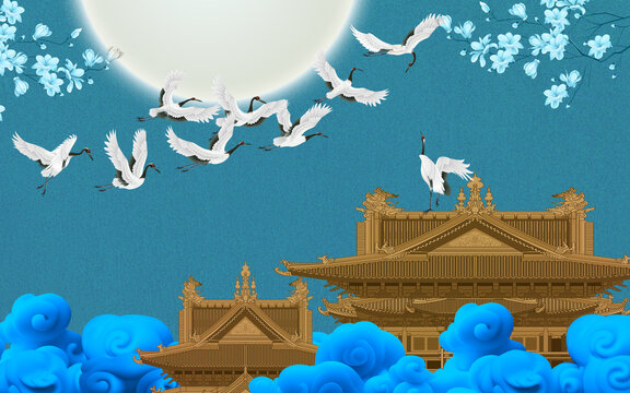 瑞鶴圖仙鶴祥云背景墻