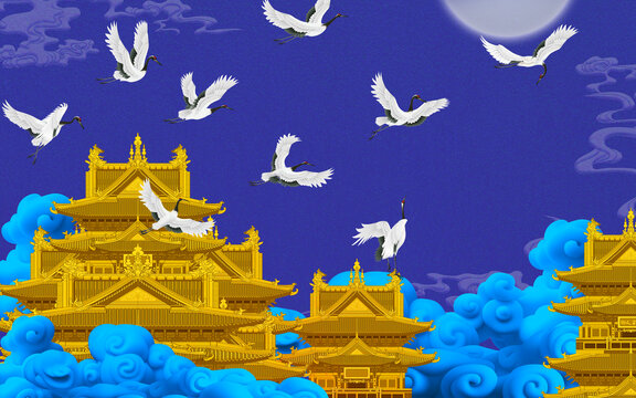 瑞鶴圖仙鶴樓閣背景墻