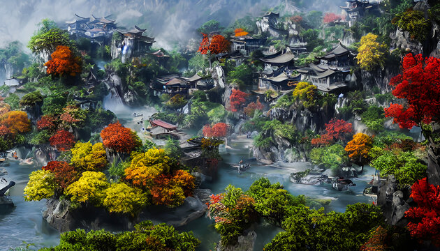 秋季古鎮(zhèn)裝飾畫