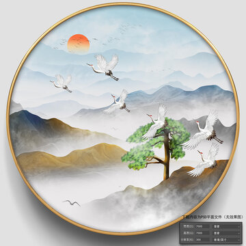 迎客松仙鶴山水圓形壁畫