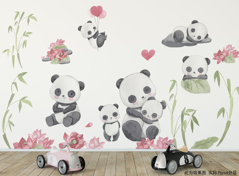 可爱熊猫儿童房背景墙