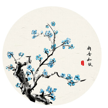 手繪中國畫藍(lán)色梅花