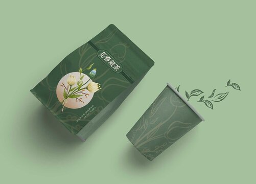 花茶包裝袋與杯子圖案組合
