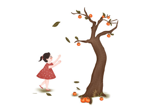 卡通扁平女孩想摘树上柿子