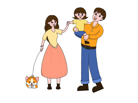 黃色家人出游幸福一家人