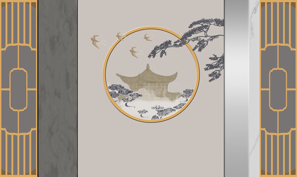 中式花格大理石紋理閣樓