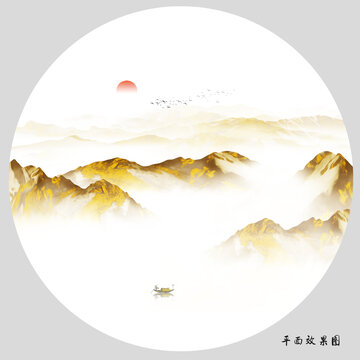 金色山水水墨抽象圓形畫