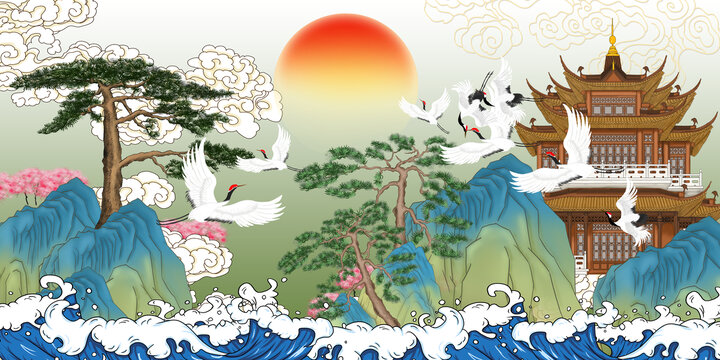 國潮迎客松山水背景墻