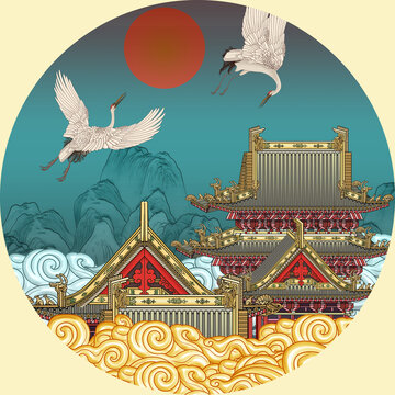 樓閣山水祥云仙鶴背景墻