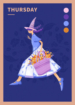 花兒與少女手提鮮花魔法帽插畫