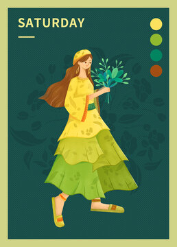 花兒與少女長發(fā)女孩全身插畫