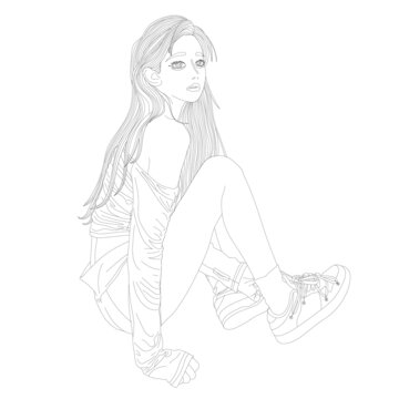 少女坐著線稿