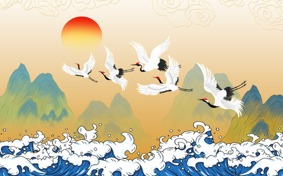 瑞鶴圖海浪國潮山水