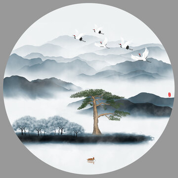 迎客松山水畫