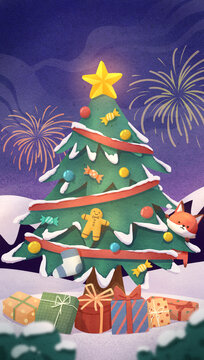 圣诞节夜晚狐狸与圣诞树插画