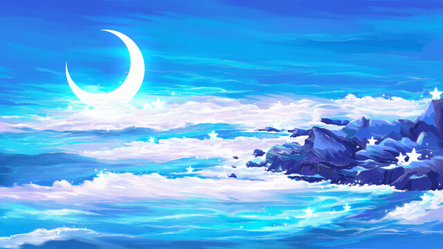 唯美治愈月亮星光海邊背景
