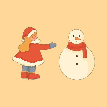 圣誕節(jié)小女孩和雪人插畫