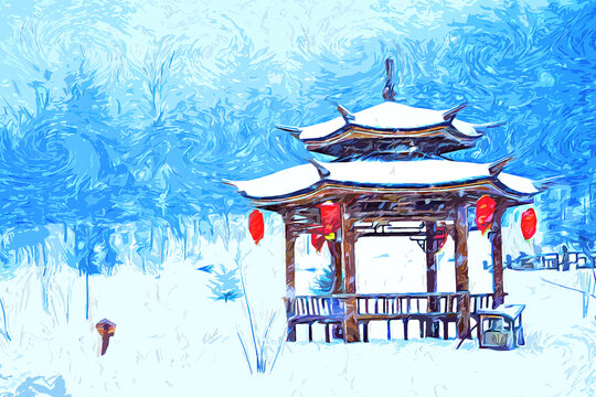 雪鄉(xiāng)雪中亭子梵高繪畫效果