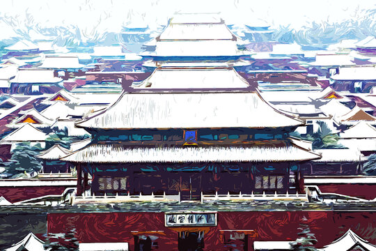 北京故宫雪景梵高绘画效果